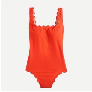 J. Crew -$128 Scallop Pique Scoopback - One Piece Swimsuit - Hot Orange
